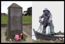 Memorials to the Lost Fishermen of Eureka, Humbolt Bay: On Woodley Island, Inscribed Granite Block on Left, Statue on Right